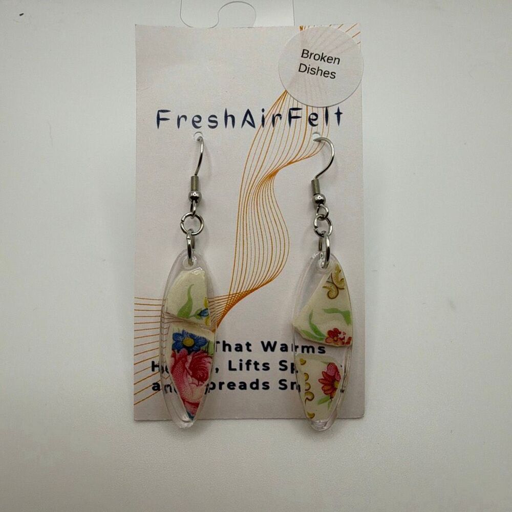 Upcycled dishes sparkle Unique hand crafted Resin Stainless drop steel earrings